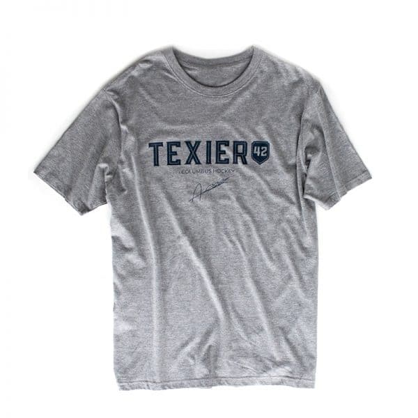 T-shirt gris avec imprimé Texier 42 Columbus Hockey signé Alexandre Texier