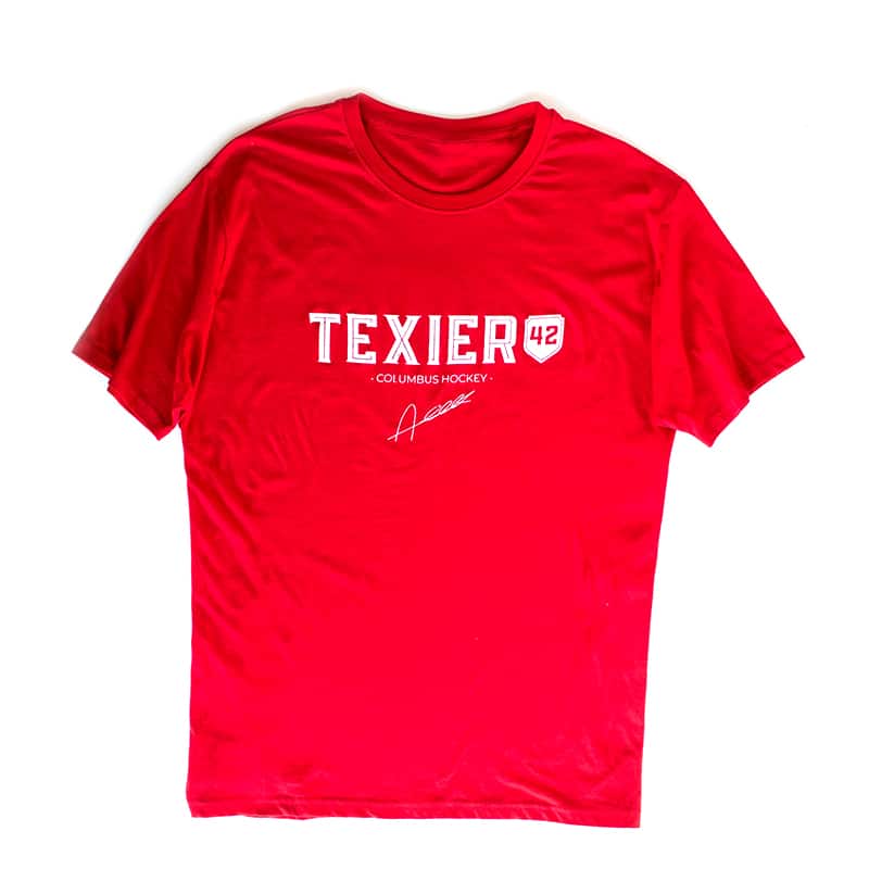 T-shirt rouge avec imprimé Texier 42 Columbus Hockey signé Alexandre Texier